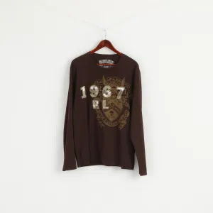 Polo Jeans Ralph Lauren Men XL Shirt Brown Crew Neck Long Sleeve Cotton Graphic Top