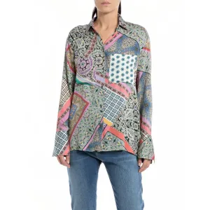 Replay Women's Shirt Comfort Fit All-over Printed Viscose Satin