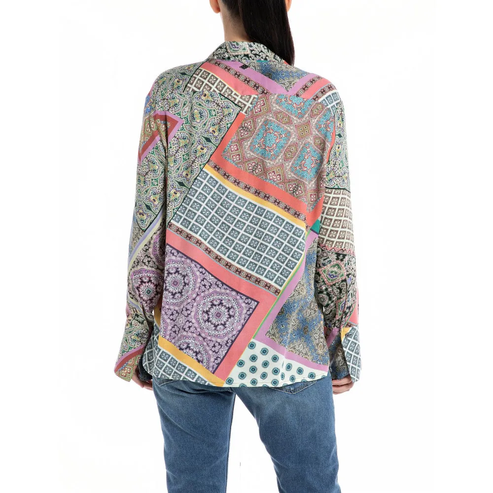 Replay Women's Shirt Comfort Fit All-over Printed Viscose Satin
