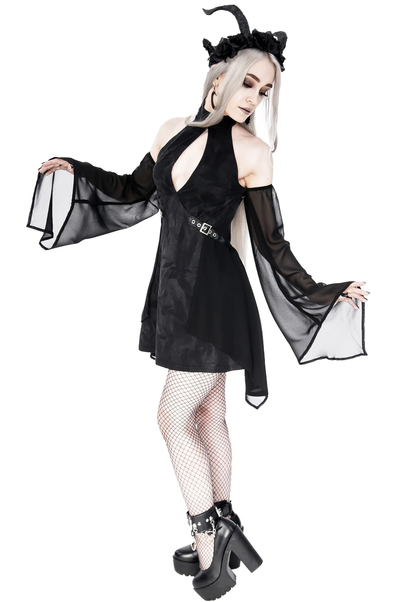 Restyle - Halterneck Floaty Fairy Acid Wash Tunic Black - Dress
