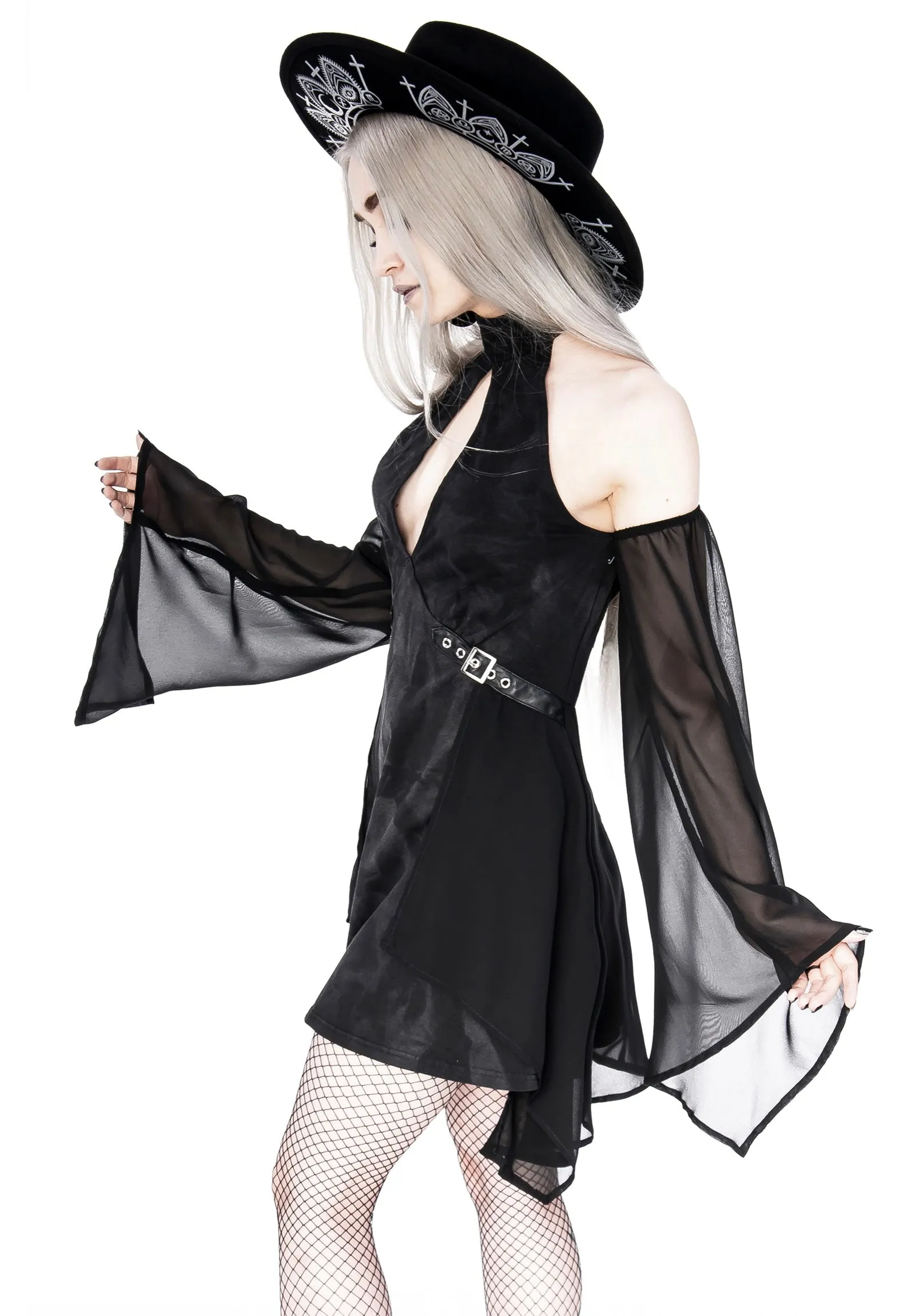 Restyle - Halterneck Floaty Fairy Acid Wash Tunic Black - Dress
