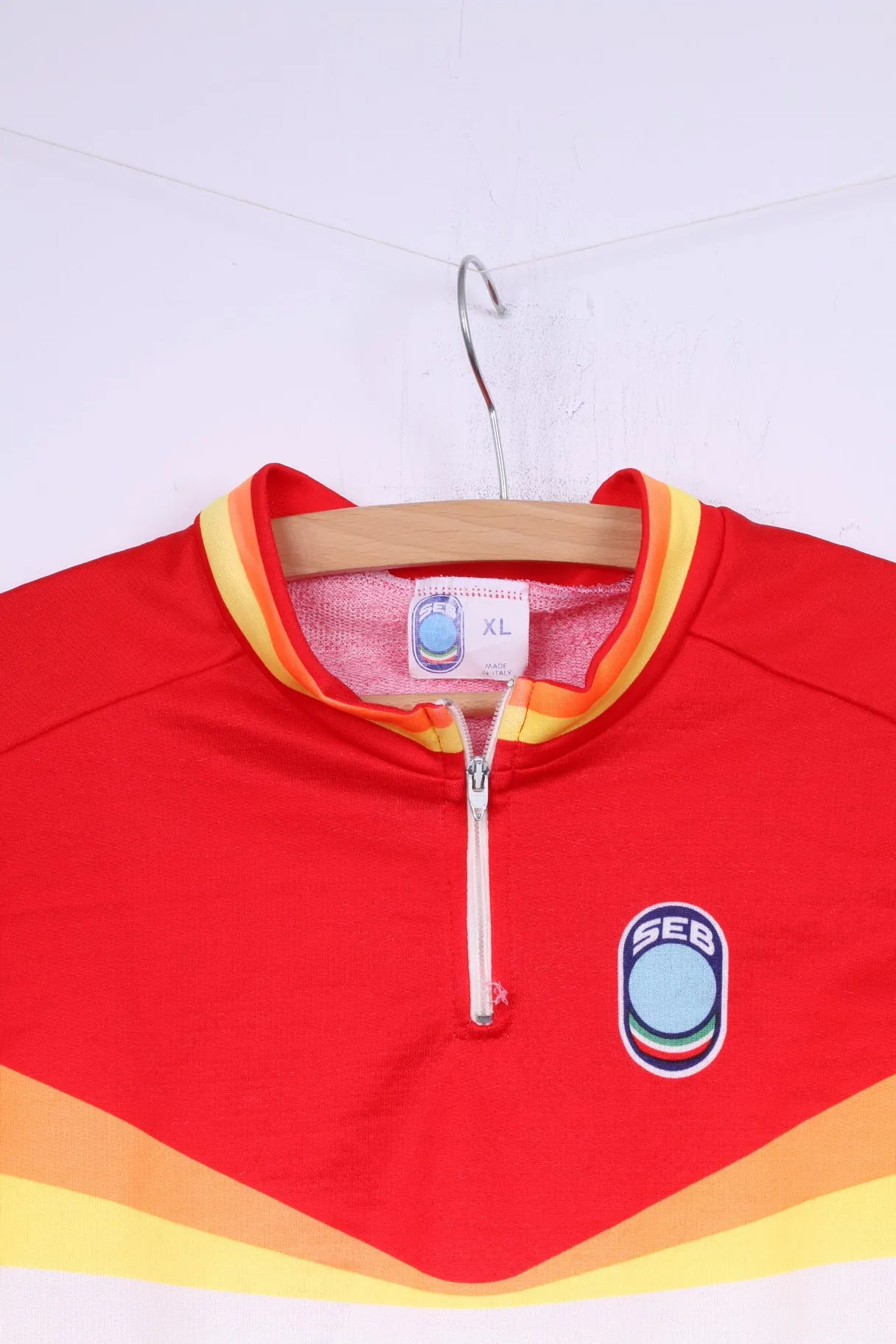 Seb Men XL Cycling Shirt Red Striped Zip Neck Sportswear Top Italy