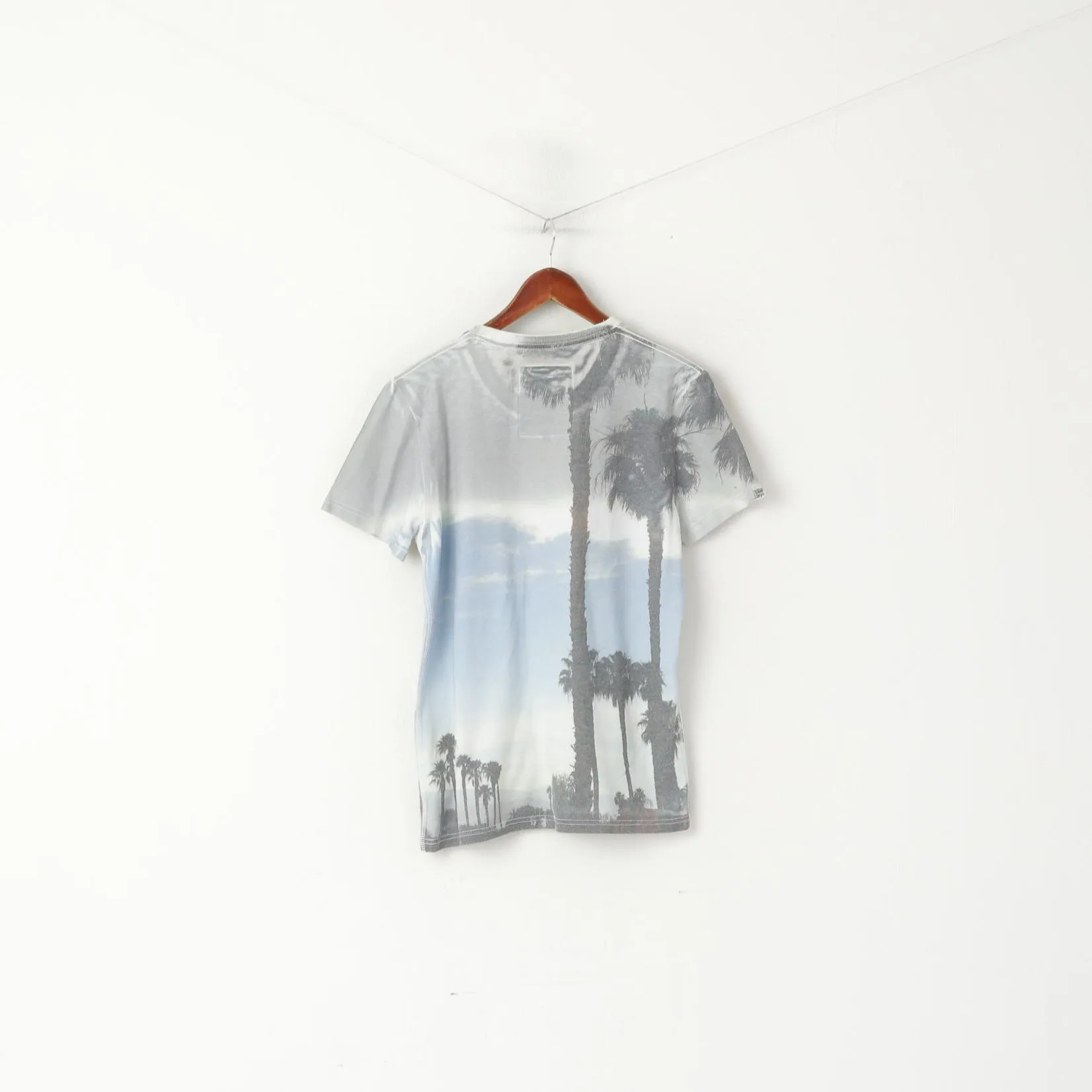 Superdry Men M Shirt Gray Cotton Graphic Palms Logo Short Sleeve Top