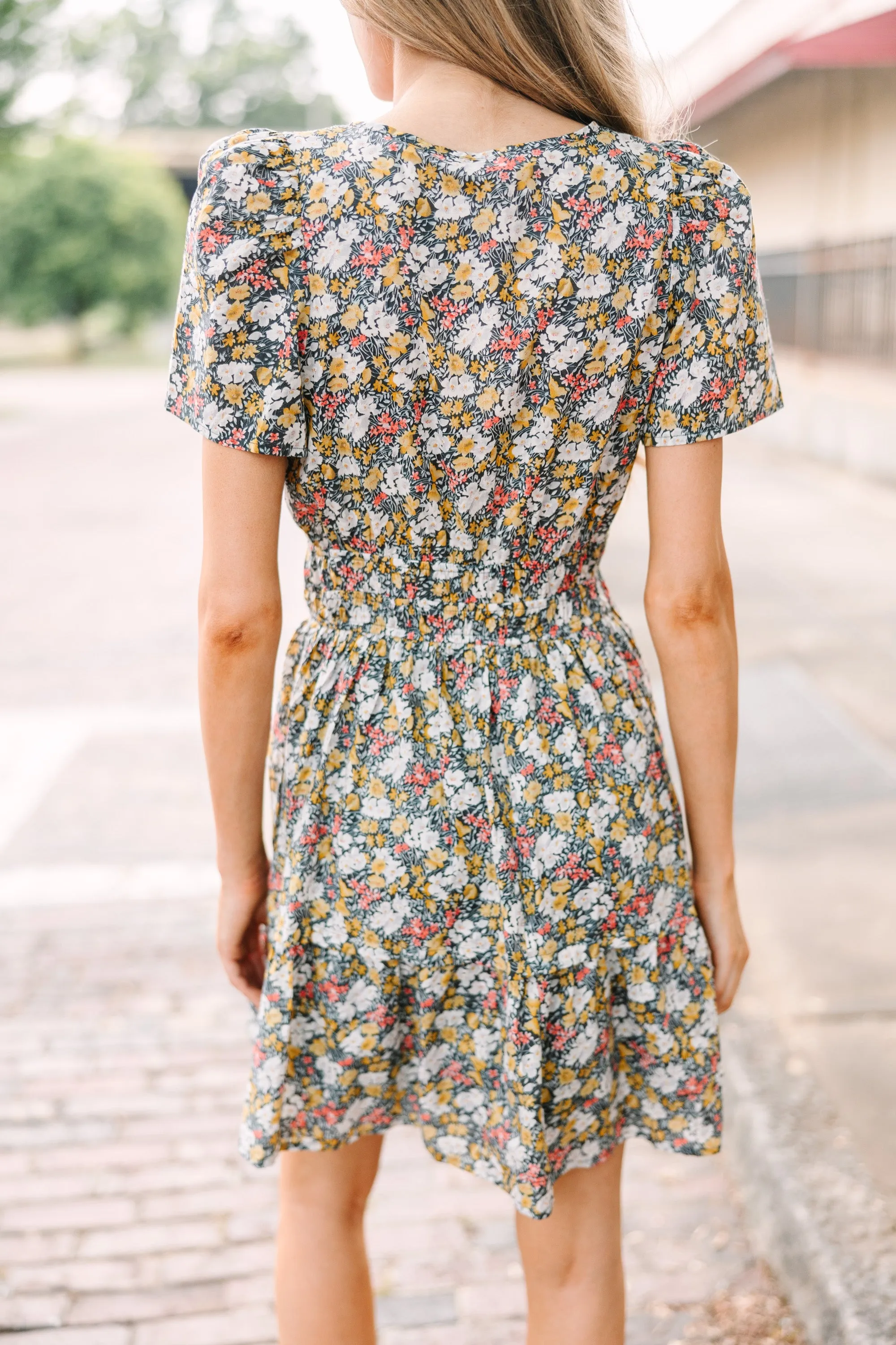 Tell It All Charcoal Gray Ditsy Floral Dress