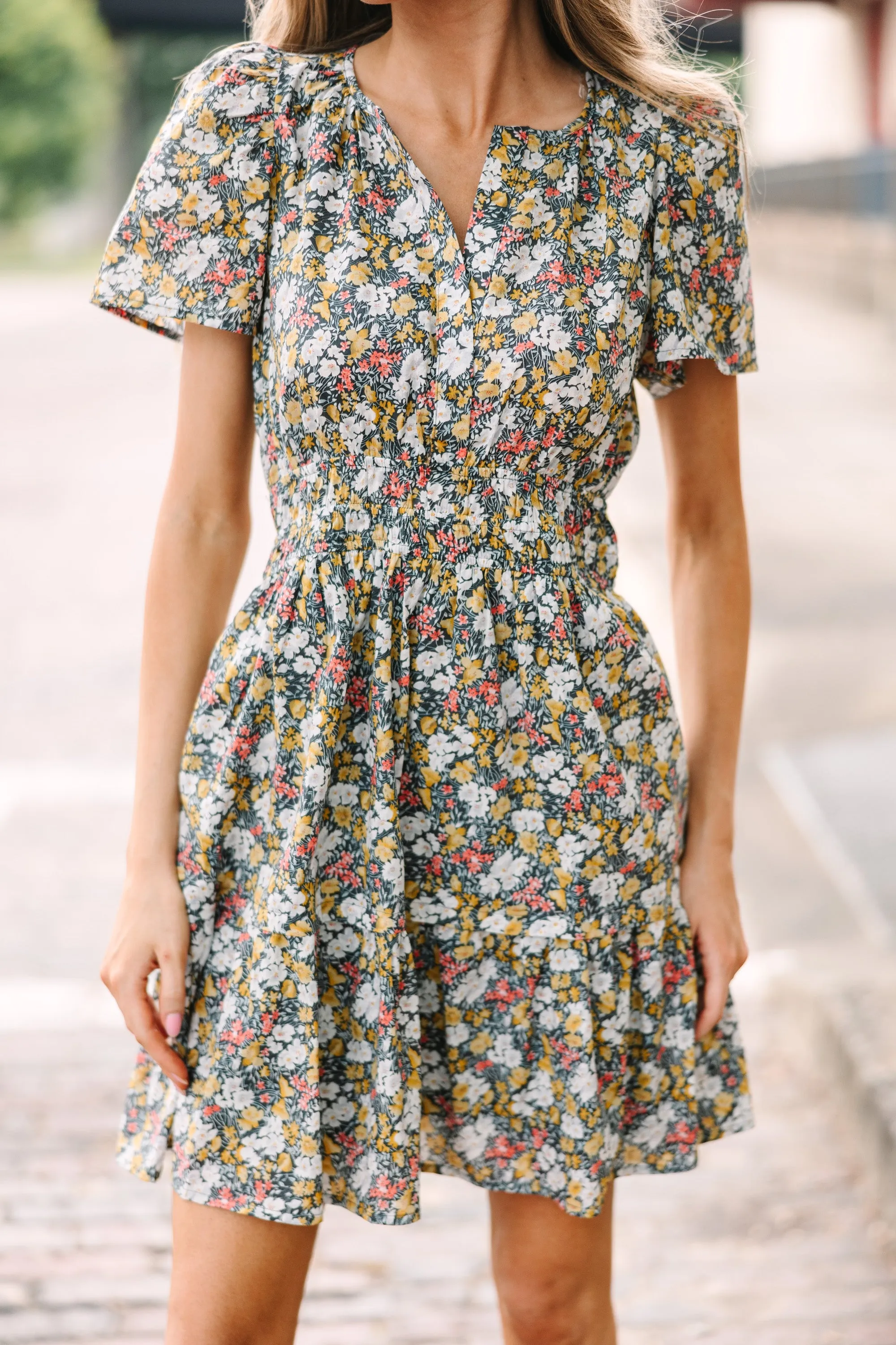 Tell It All Charcoal Gray Ditsy Floral Dress