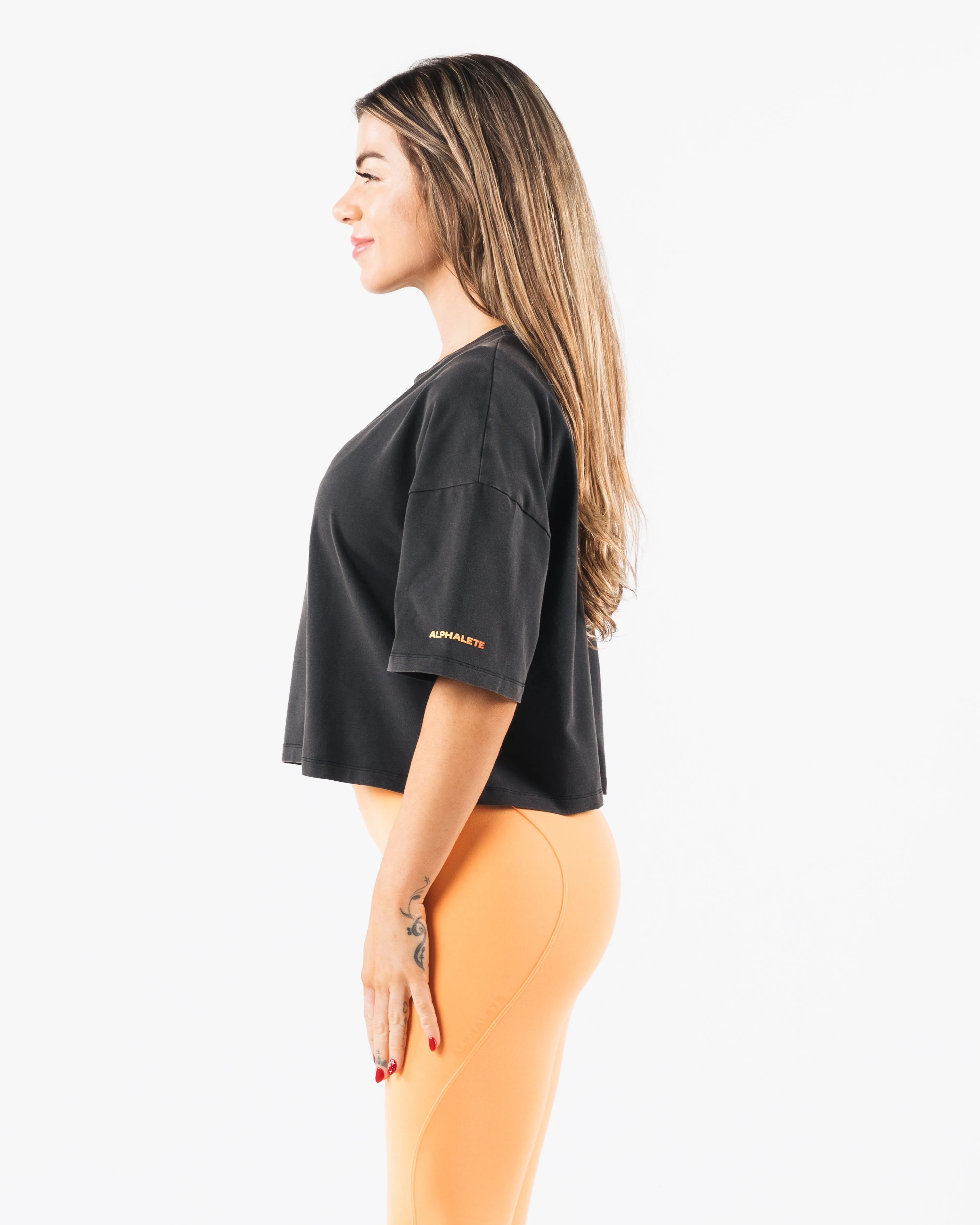 Wolf Crop Tee - Washed Black / Orange Alphalete Athletics