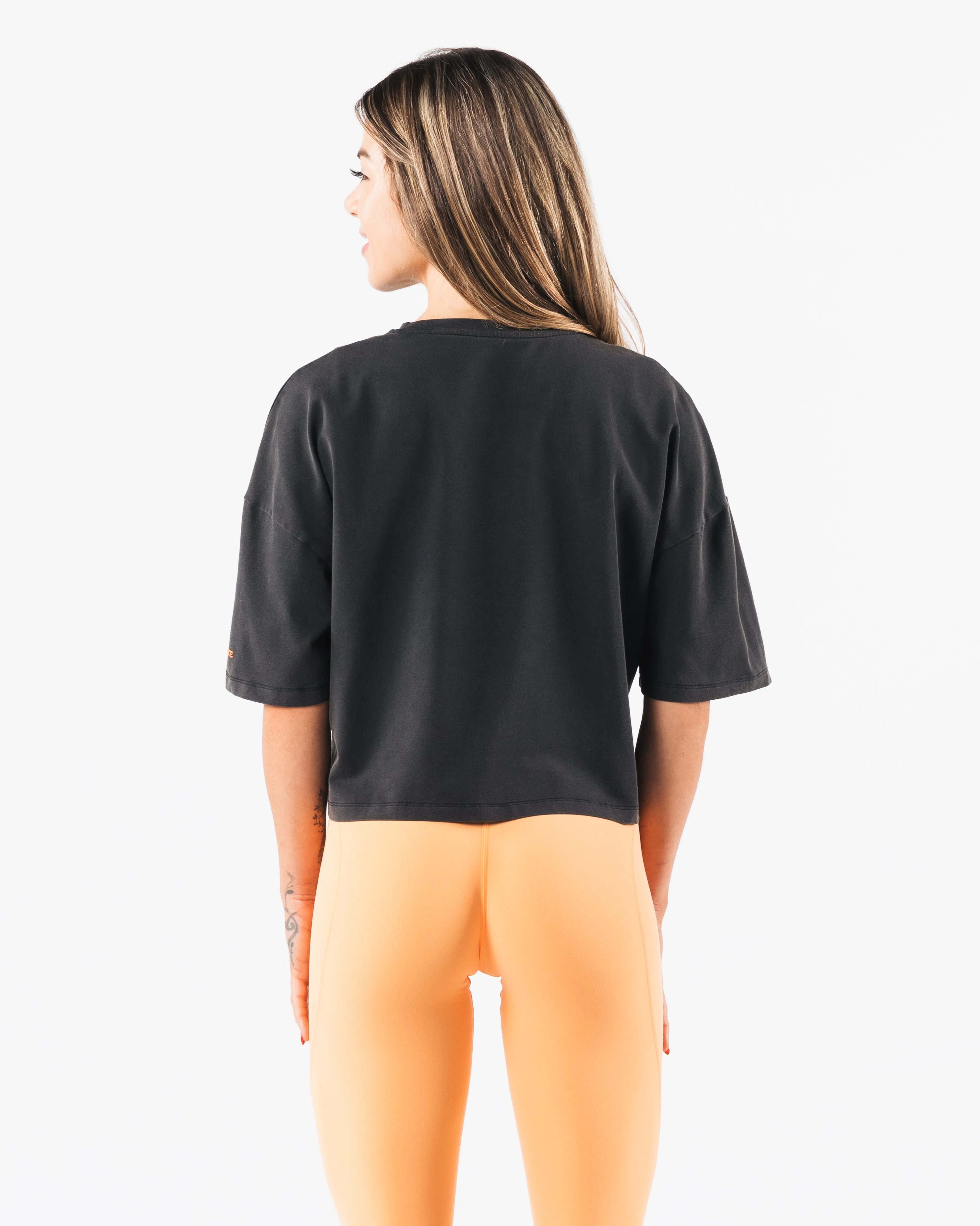 Wolf Crop Tee - Washed Black / Orange Alphalete Athletics